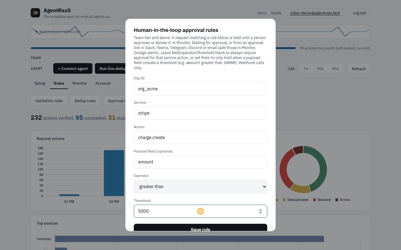 Rules tab, Approval rules. Hold Stripe charges when the amount is greater than 5000.