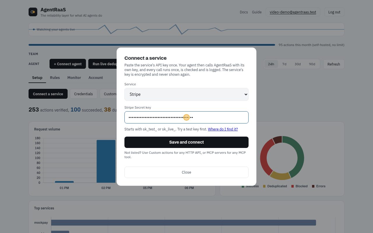 Setup tab, Connect a service. Pick the service (here Stripe) and paste its API key. It is encrypted and never shown again.