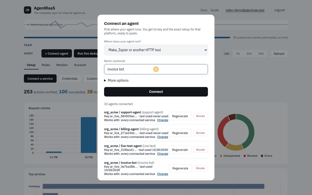 One key per agent: + Connect agent, pick where it runs (here Make, Zapier or another no-code tool) and name it.