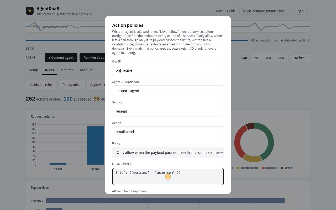 Rules tab, Action policies. support-agent may send email (Resend) only to addresses at acme.com.