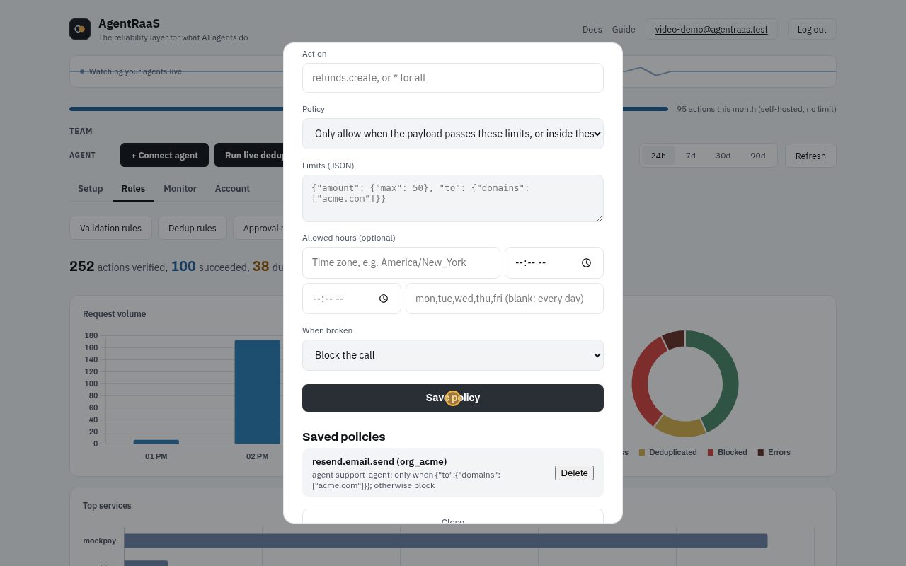 Click Save policy. "Never allow" blocks an action outright; allowed hours limit when it may run.