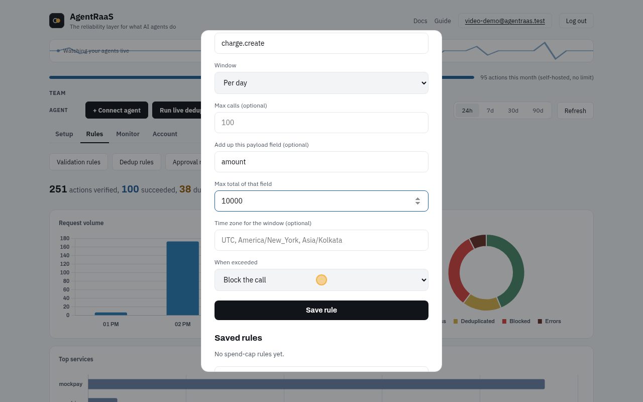 Rules tab, Spend caps. billing-agent may charge at most 10000 in total per day on Stripe. Max calls caps the number of calls instead.