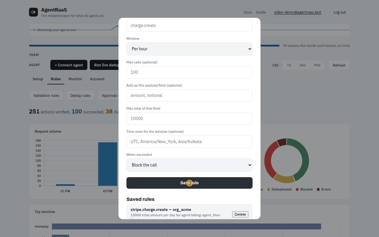 Click Save rule. Leave Agent ID empty to cap every agent. "Route to approval" holds the call for a person instead of blocking it.