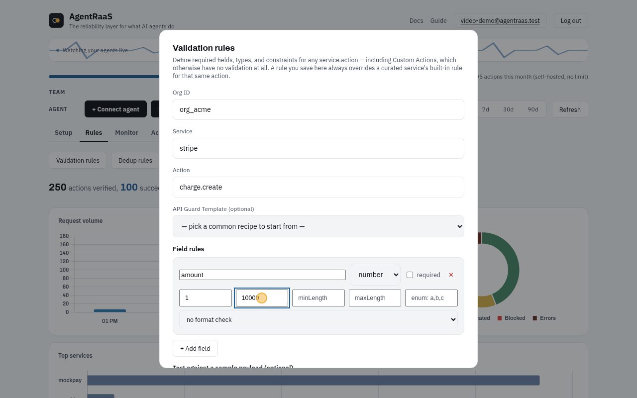 Rules tab, Validation rules. Name the service and action (Stripe, charge.create), then add a field: amount must be a number from 1 to 10000.