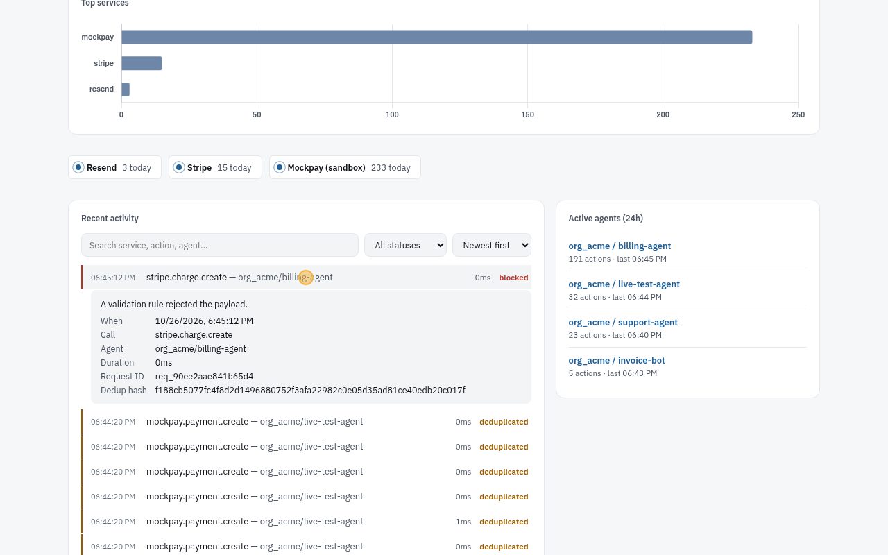 When an agent tries to charge 50000, the call is blocked and never reaches Stripe. The row says why.
